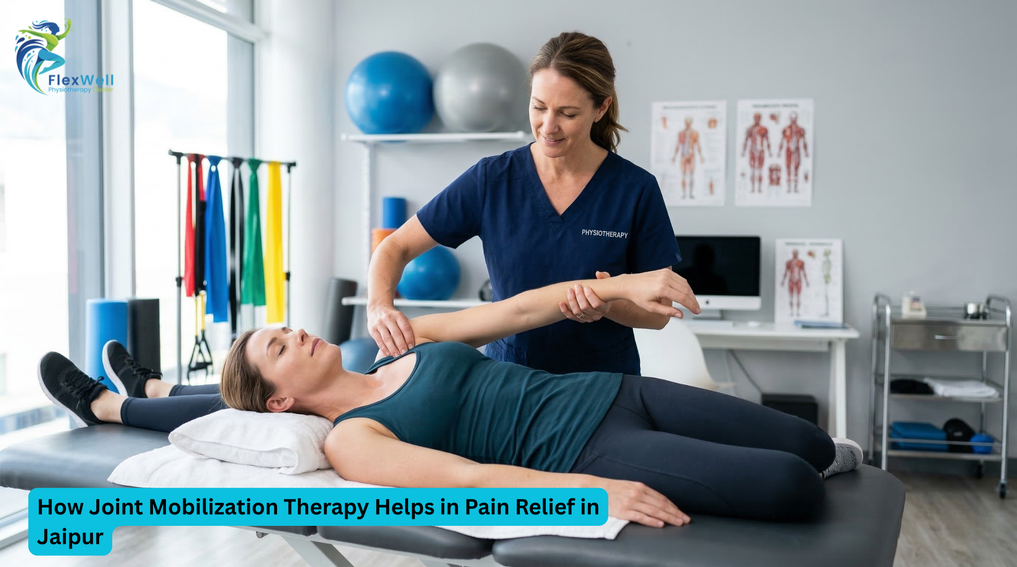 Physiotherapist performing joint mobilization therapy on a patient’s shoulder at FlexWell Physiotherapy Center to improve joint movement and relieve pain in Jaipur.