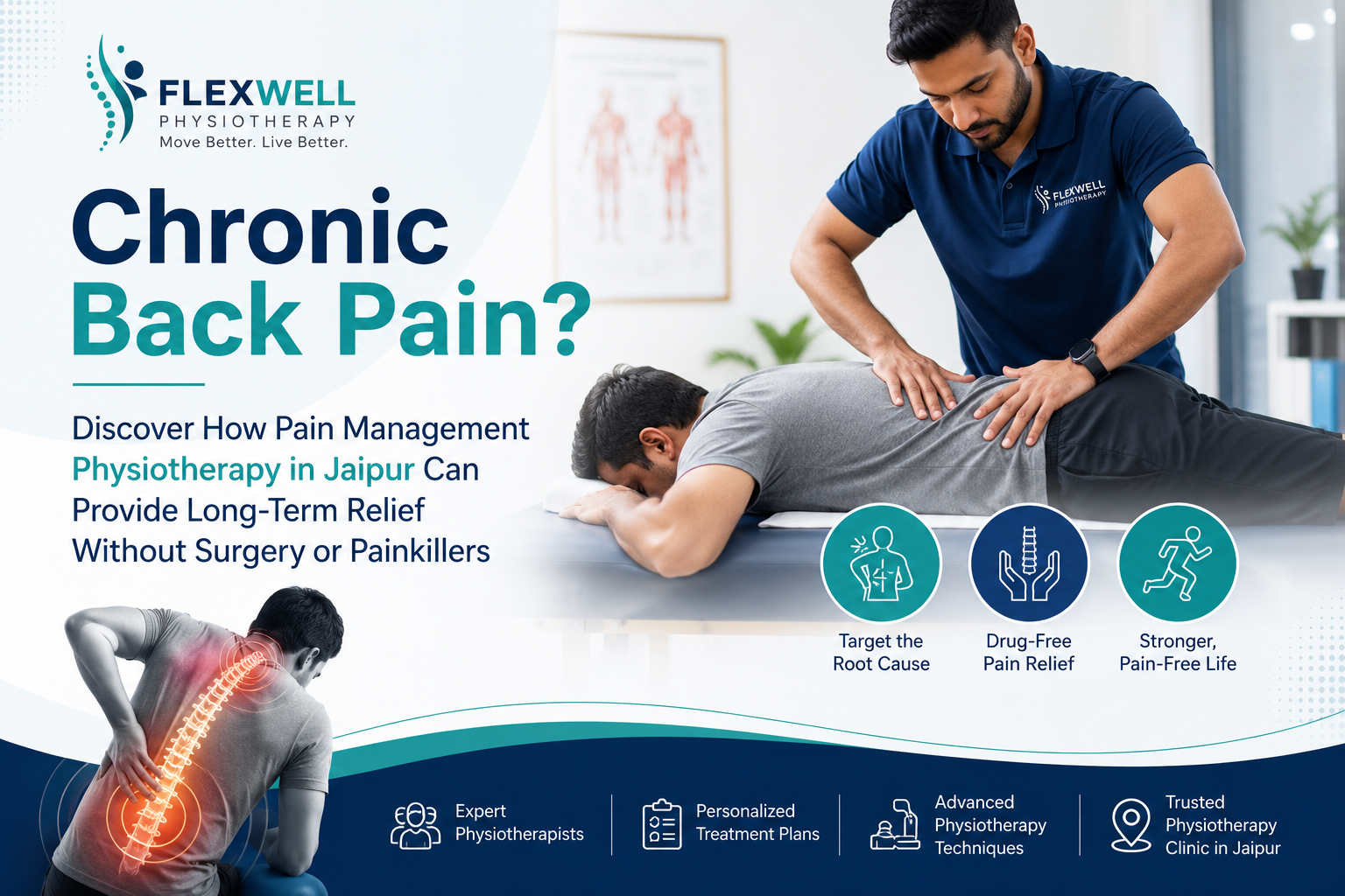 Physiotherapist assessing a patient with chronic back pain at Flex Well Physiotherapy Clinic in Jaipur