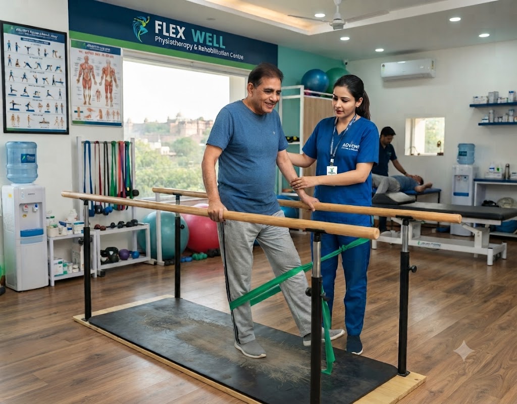 Patient receiving rehabilitation therapy at a rehabilitation center in Jaipur under the guidance of a physiotherapist.